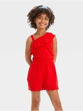 Red Cat & Jack Red One-Shoulder Eyelet Gauze Romper (Girls Medium Size 8)